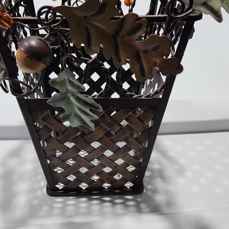Rustic Brown Metal Hanging Decorative Lattice Basket w/ Handles Leaf Acorn gallery