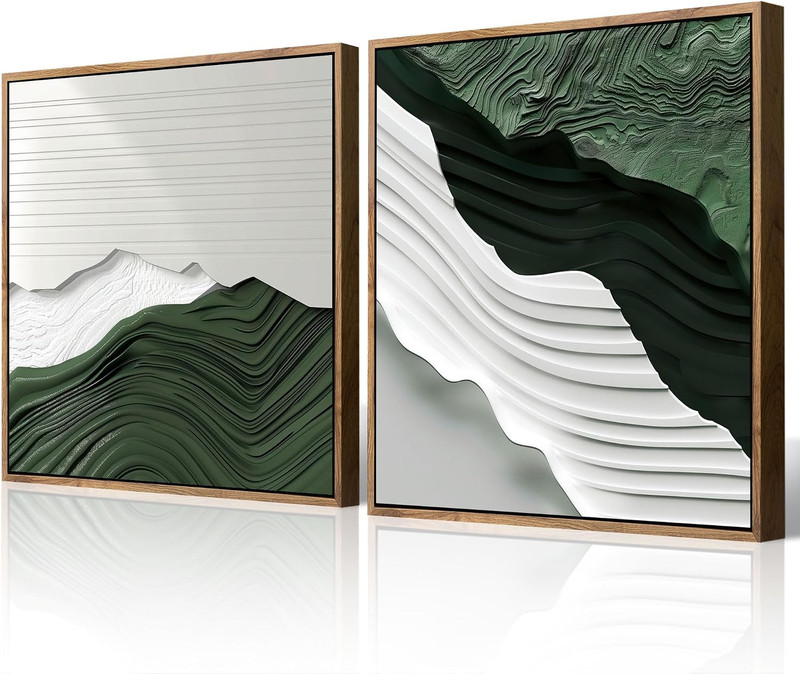 Set of 2 Abstract Wall Art Green and White Wave Texture Canvas Print Painting Mi