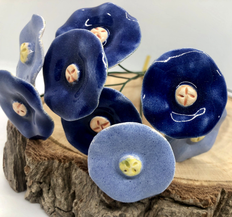 7 Polish Ceramic Long Stem Flowers Dark Blue Light Blue