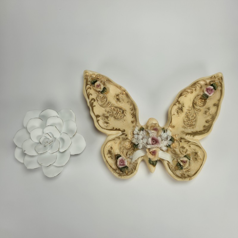 Ceramic Yellow Gold Pink White Green Butterfly Candy Or Trinket Dish + Flower
