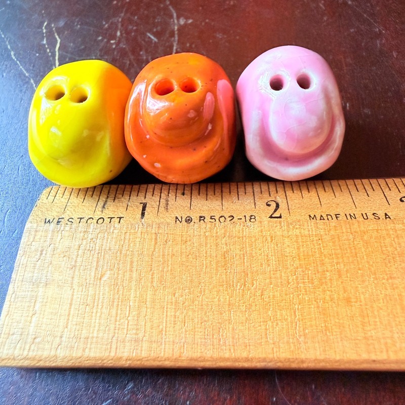 Three SEEDS OF HAPPINESS Clay Minis by Mark Borella Orange Yellow Pink .75″ x 1″