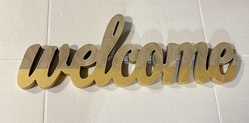 WELCOME Freestanding Cutout Word Sign Table Shelf Natural Wood Gold Painted 24″