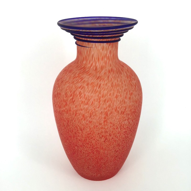 Badash Art Glass Vase Cobalt Blue Swirl on Mottled Frosted Red-Orange 9.75″ H