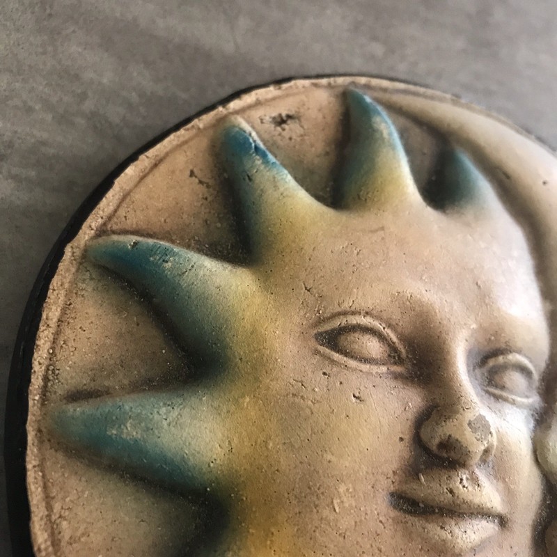 Celestial Sun Moon Face Pottery Wall Hanging Decor 90s Handpainted Art Whimsical gallery