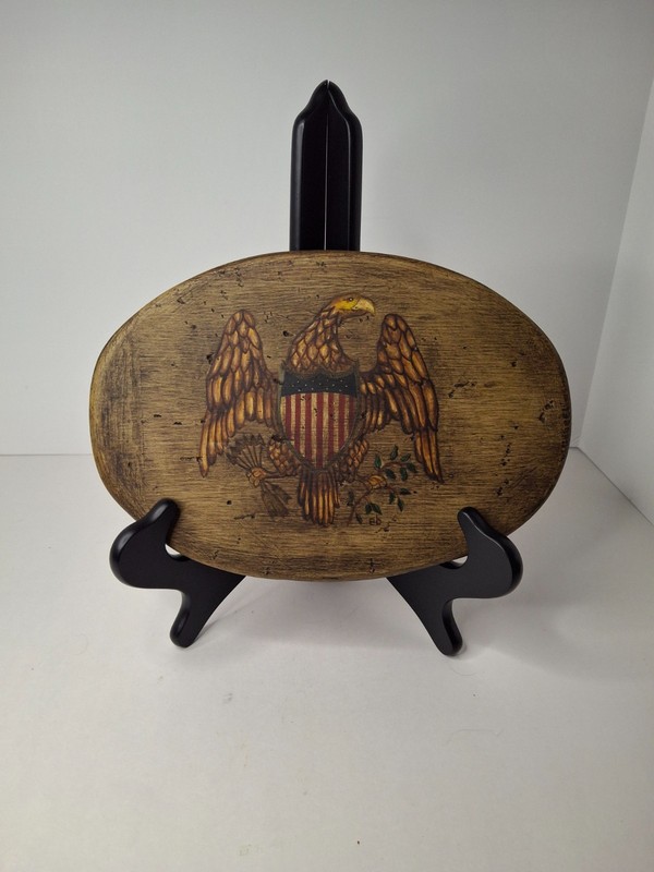 Vintage Folk Art Hand Painted American Federal Eagle Wood Plaque Americana 10″