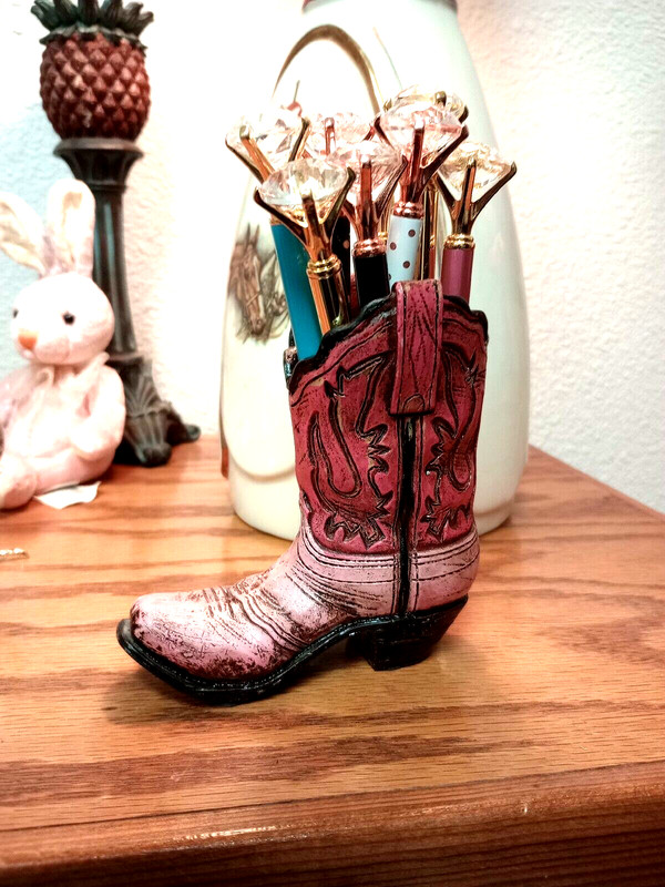 Pink Western Rustic Cowboy Cowgirl Hand Tooled Leather Look Boot Pen Holder gallery