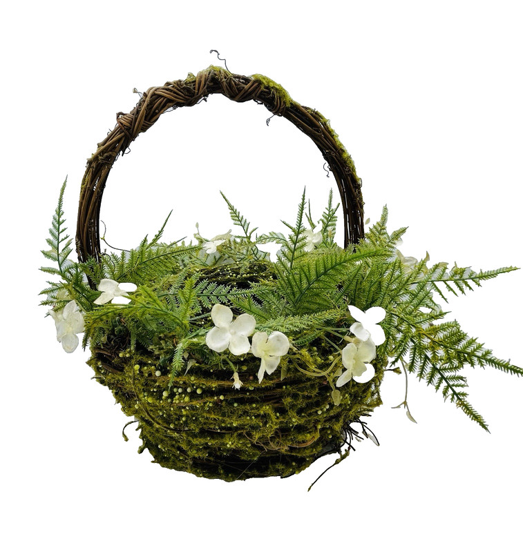 GrapeVine Moss Basket Green Fern Flowers Vines Twig Birds Nest Easter Spring 12″