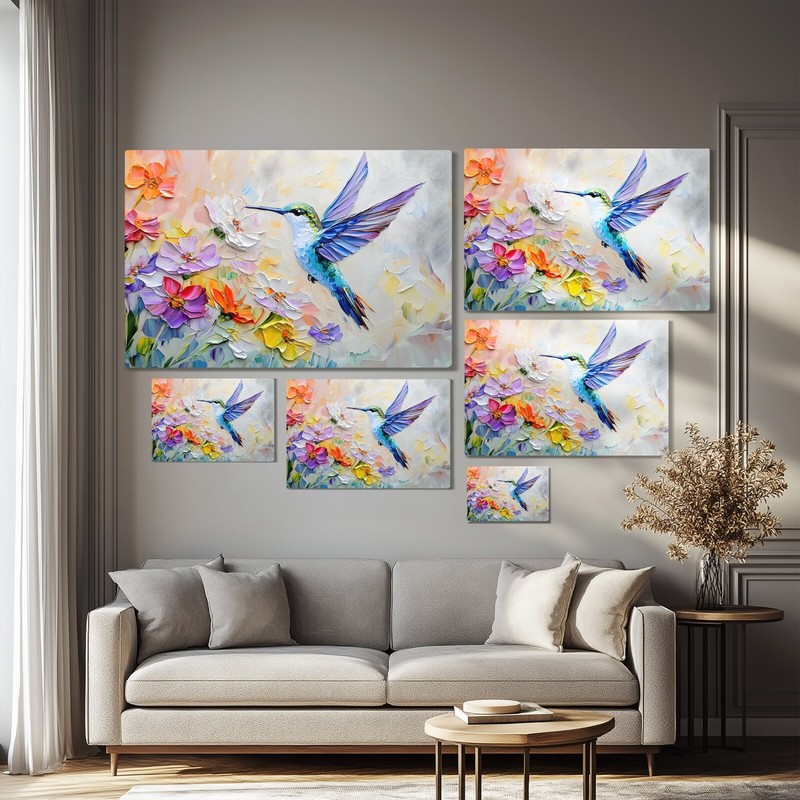 Hummingbird & Spring Wildflowers Pretty Painting Print on Canvas Wall Art Decor gallery