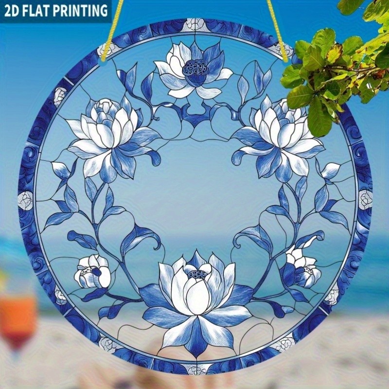 Bohemian Blue White Round Acrylic Suncatcher Mandala for Lotus Flower Home Decor