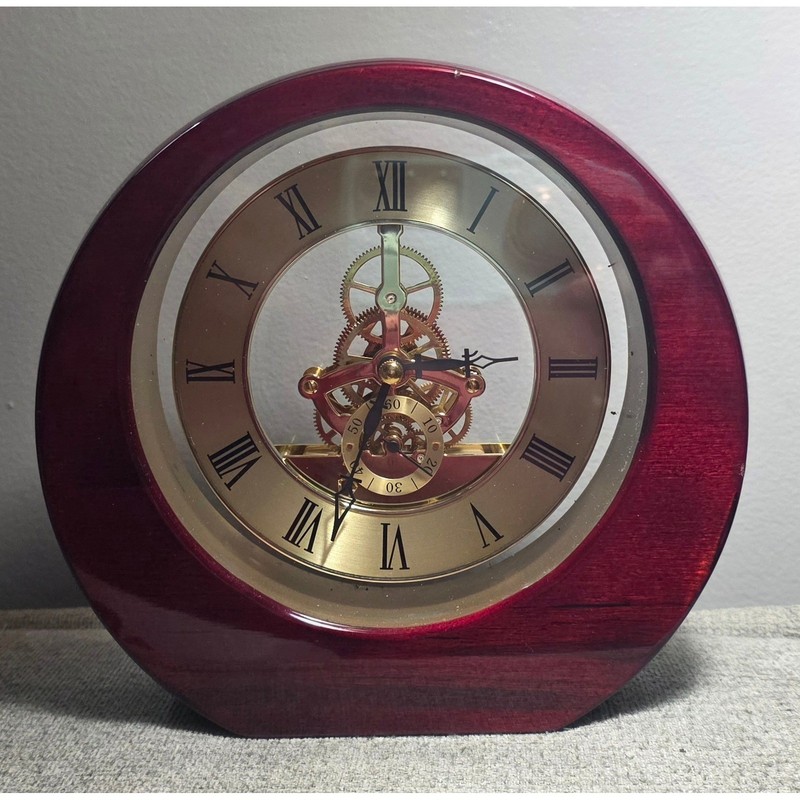 Skeleton Mantel Clock Wood Cherry Finish Gold Gear Movement Roman Numeral Desk