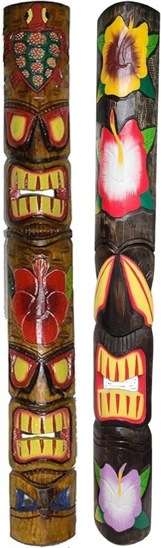 Set 2 TIKI MASK 5 Ft Tall 2 FACE FLOWER Hibiscus Bar Hand Carved Island Decor
