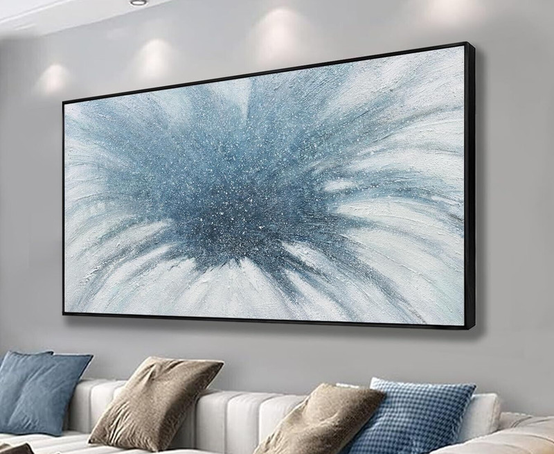 Blue & White Splash Abstract Wall Art, Framed Canvas Print 24×48 and 20×40