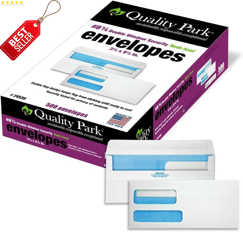 #8 5/8 Security Envelopes Double Window Self Seal 5Box 24lb White QUA24539 US