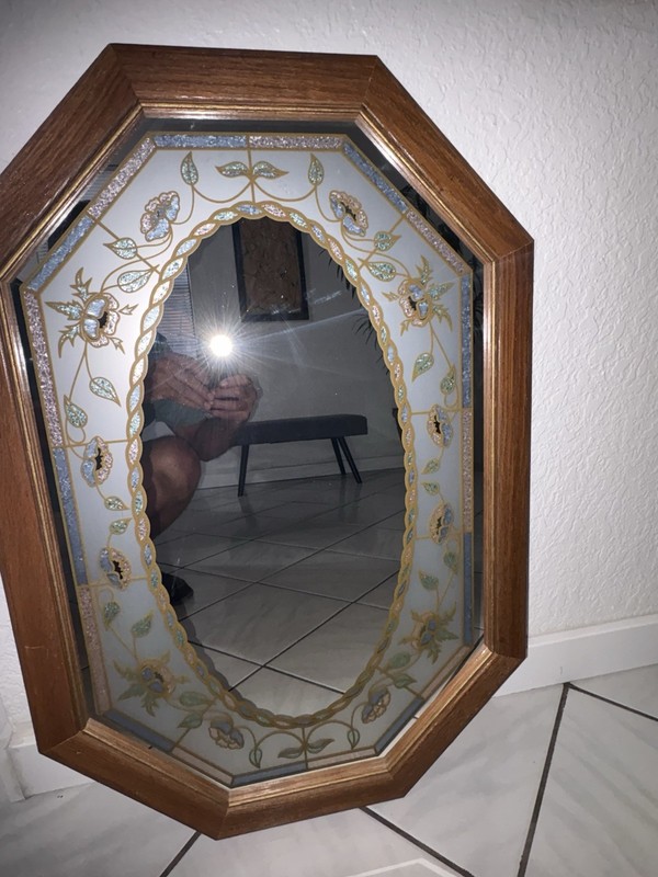 Vintage 80's Octagonal Floral Etched Mirror Retro Stained Glass Wood Frame Pink gallery