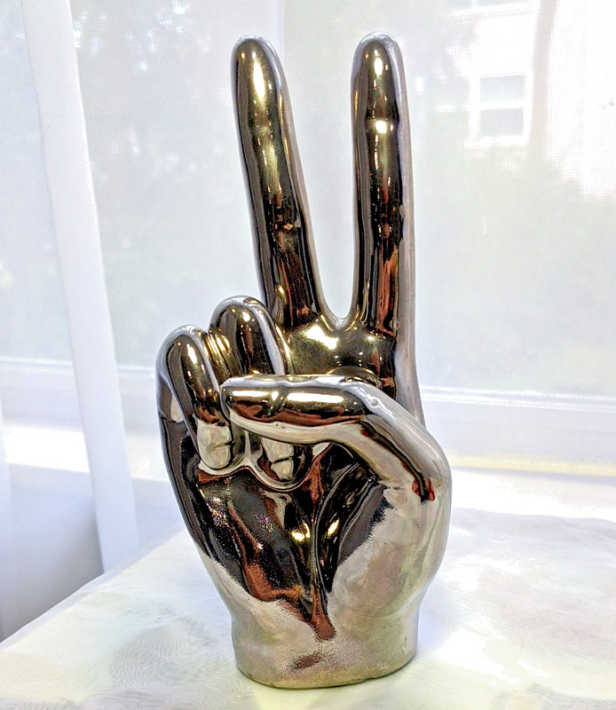 Gesture Peace Sign Decor Ceramic Hand Sculpture For Desktop Silver 7.25” x 3.5”