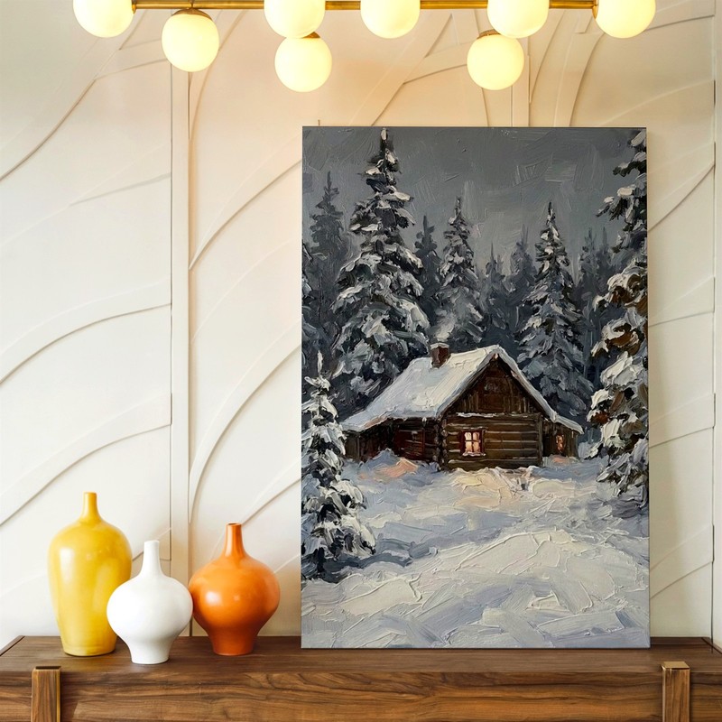 Wall Art Snowy Cabin Forest Winter Landscape Oil Painting Rustic Studio Decor gallery