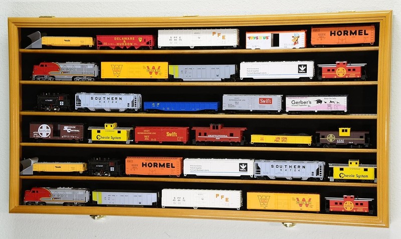 Train Display Case HO Scale Cabinet Railroad Car Locomotive Collection Oak Frame