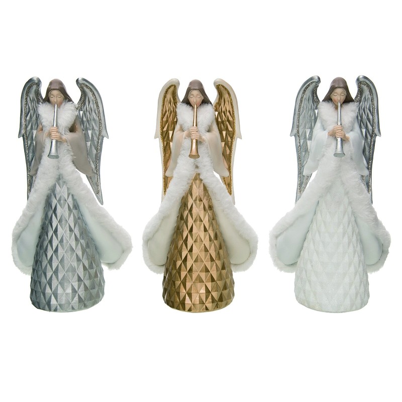 Set/3 10″ Geometric Silver Gold White Trumpet Angel Figurines Christmas Decor