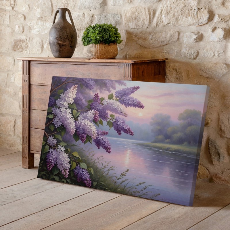 Purple and white lilac flowers with river sunset landscape canvas wall art print gallery