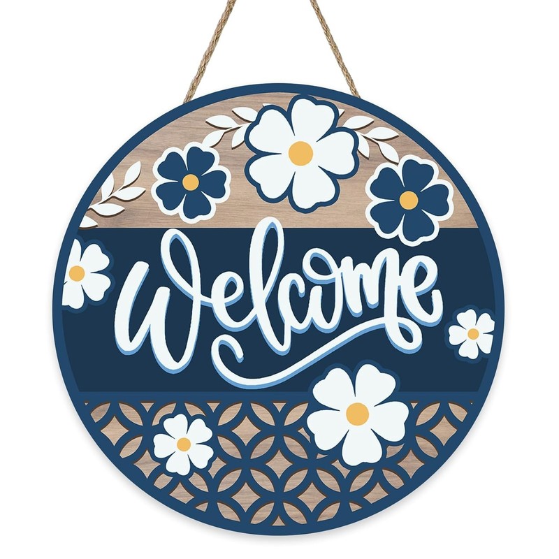 Spring Summer Floral Front Door Sign Navy Blue White Daisy Wood Welcome Decor