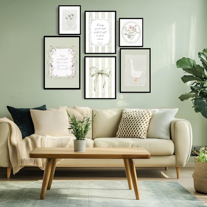 Set of 6 Christian Nursery Wall Art Sage Green Flower Bow Bible Verse Wall De... gallery