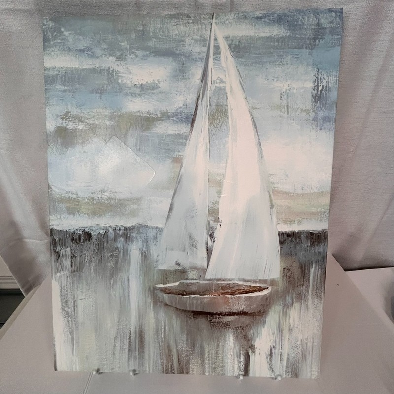 Abstract Sailboat Canvas Wall Art Coastal Nautical Painting Blue Gray 21×27