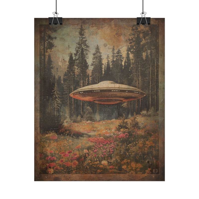 UFO ALIEN Flower Forest Wall Art Print, Retro Sci-fi Cosmic National Park Poster