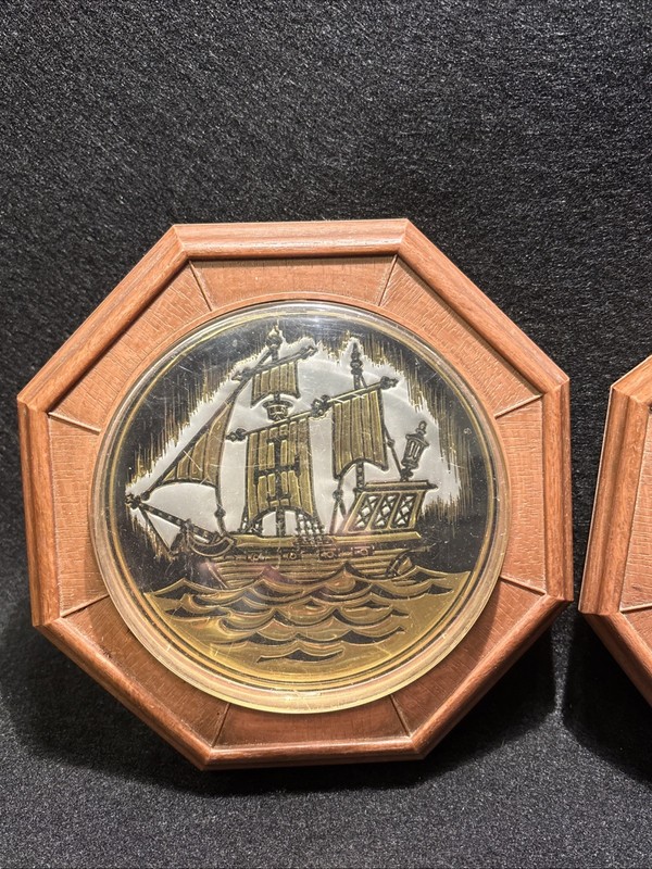 Vintage Octagon Pirate Ship Prints Framed Dome Plastic Faux Wood Pair Set Of 2 gallery