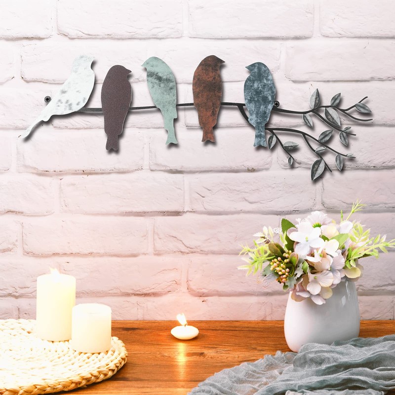 Ferraycle Metal Bird Wall Art – Birds on Branch with Leaves – Metal Sculpture…