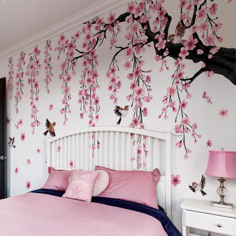 Large Cherry Blossom Tree Wall Decals Peel and Stick Pink Floral Wall Art