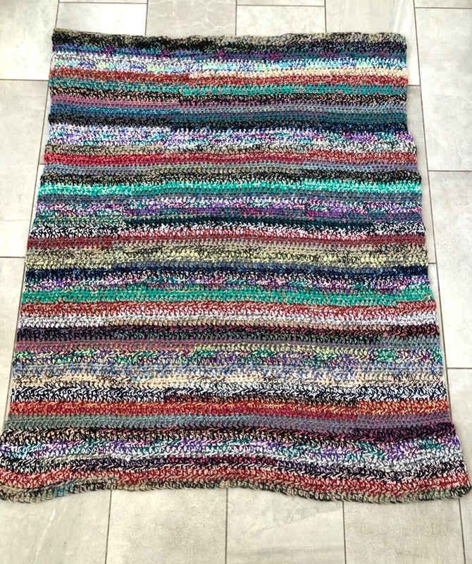 Hand Crochet Blanket Throw, Multicolor Stripe 49″x57″ Rag Rug Look, Boho NEW