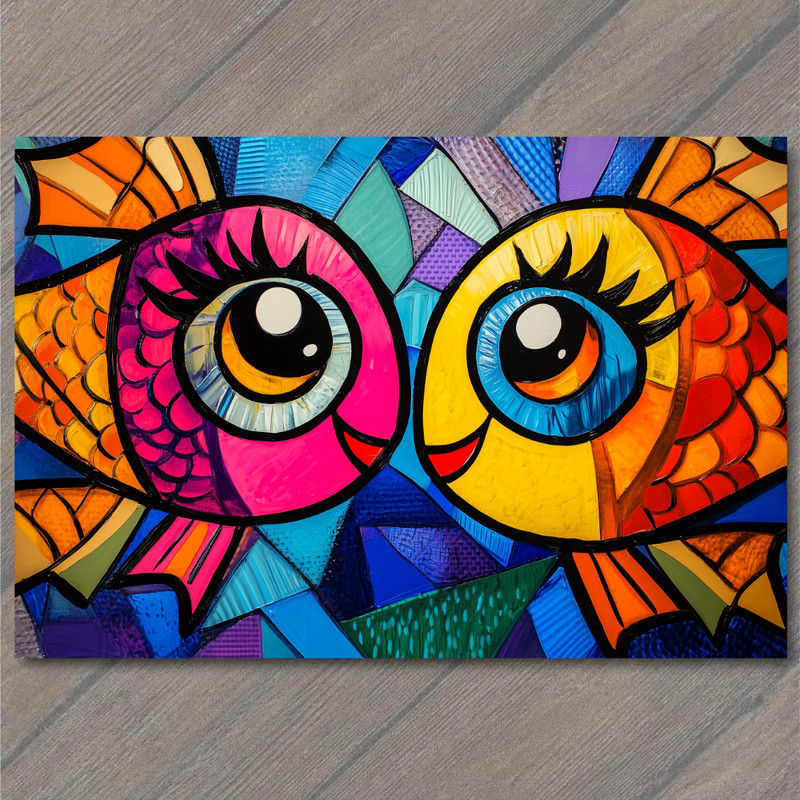 Art Print Two Fish Pink Yellow Whimsical Cute Big Eyes Colorful Bold Blue Mosaic