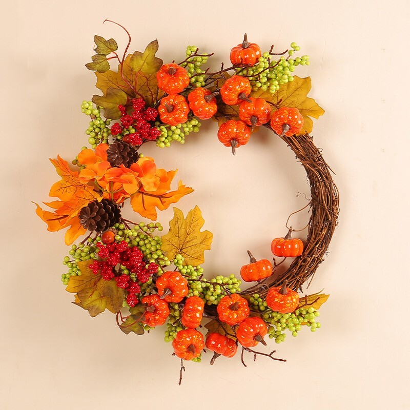 Artificial Autumn Fall Wreath for Front Door or Porch, Pumpkin