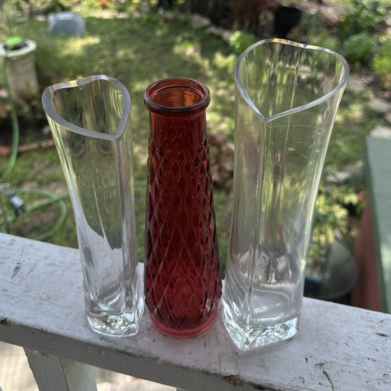 Lot of 3 Glass Bud Vases–2 Heart Shaped Clear & Vintage Ruby Red Diamond Pattern
