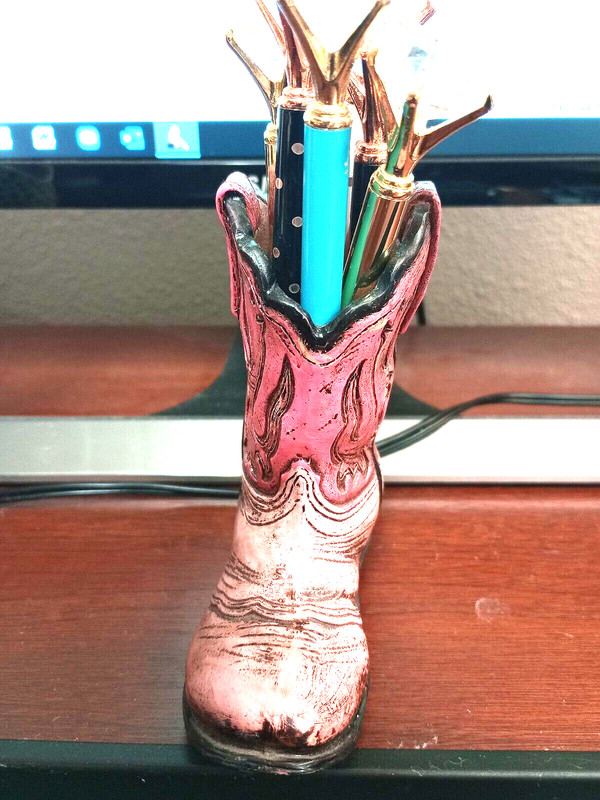 Pink Western Rustic Cowboy Cowgirl Hand Tooled Leather Look Boot Pen Holder gallery