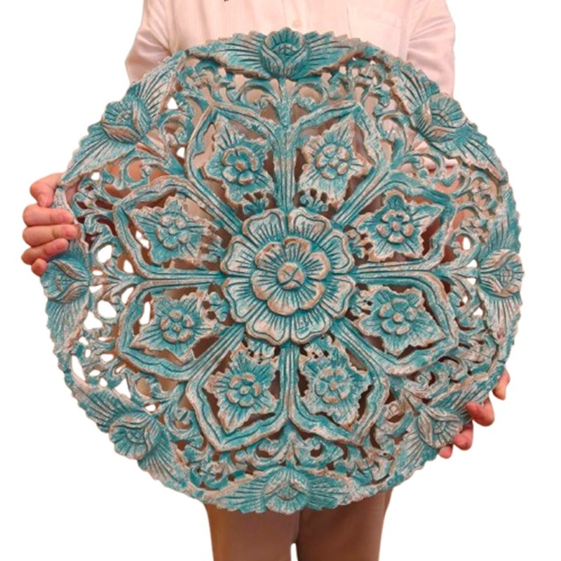 24" Round Teak Wood Wall Art Hand Carved Lotus Mandala Turquoise White Washed