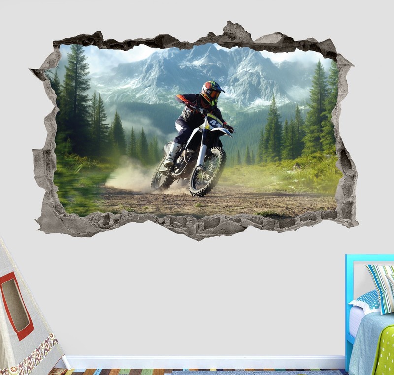 3D Motocross Wall Decal Dirt Bike Rider Broken Wall Effect Decor Kids Room  M-95