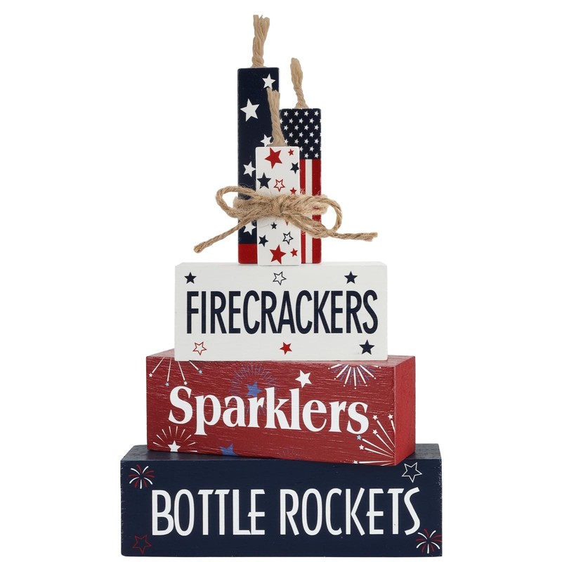 4 Pcs 4th of July Table Decorations Fireworks Patriotic Wooden Block Signs Me…