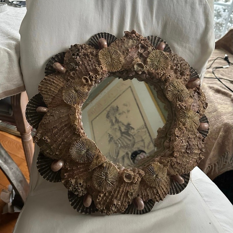 Seashell Mirror Wall Decor 15" Signed '02 Heavy round Hayes Parker Tan Beige gallery