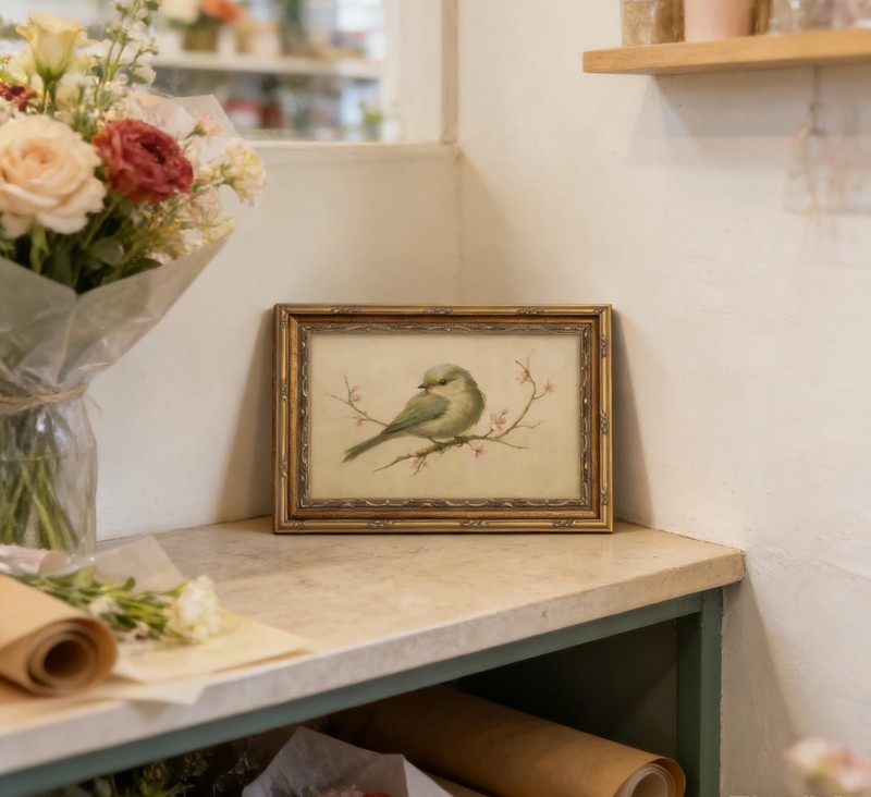Vintage Gold Framed Wall Art Spring Bird Oil Painting Canvas Print Cherry Blo... gallery