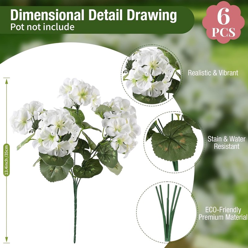 Artificial Flowers for Outdoors, 6 Bundles Realistic Fake Silk White Geranium... gallery