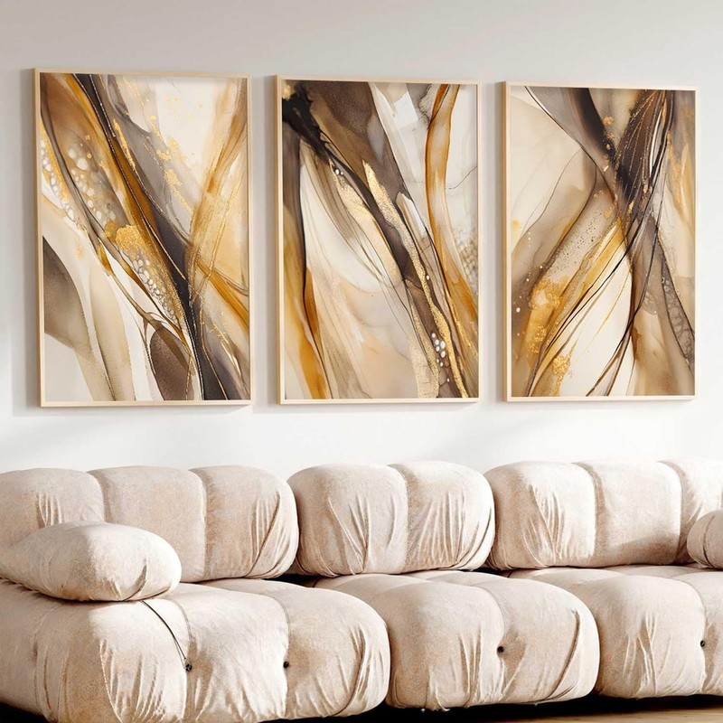 Abstract Marble Canvas Wall Art Neutral Beige Painting Brown and Gold Picture…