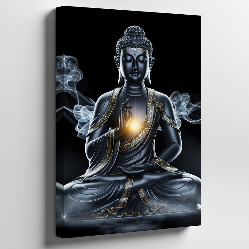 Serene Black Statue Of A Seated Buddha, Hands Wall Art Canvas Print Home Decor