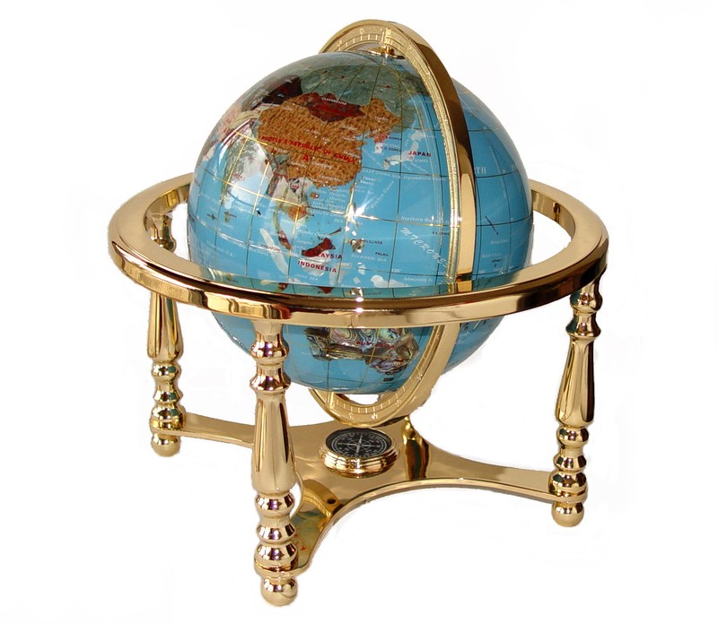 13″ Turquoise ocean Gold 4- leg table stand Gem Gemstone World MAP globe