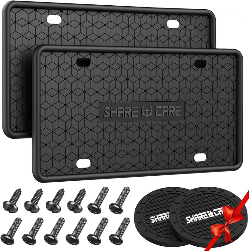 Black Silicone License Plate Frames 2 Pack Rust Rattle Proof Holders W/ Coasters
