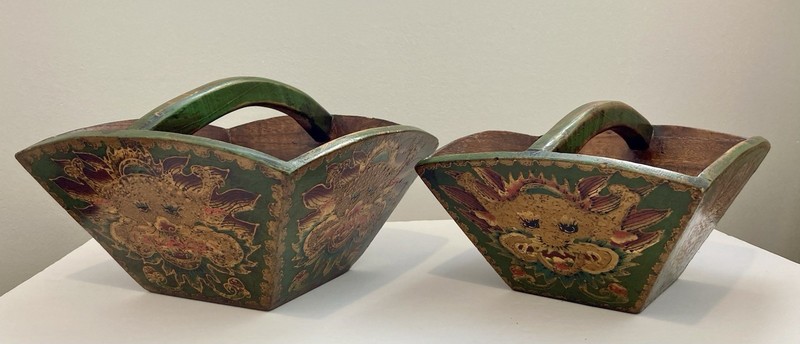 Vintage Chinese Hand Painted Relief Wedding / Rice Baskets Wooden Lacquer PAIR