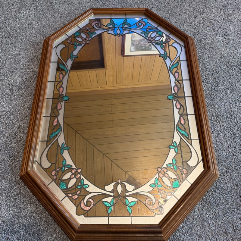 Vintage Octagonal Floral Etched Mirror Retro 1980s Stained Glass Wood Frame Pink