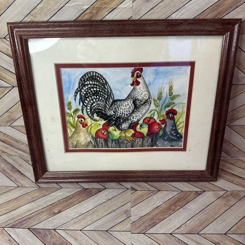 Rooster Chicken Hen Green & Red Apples Framed Painted Print 7×5 Frame 9 X 11