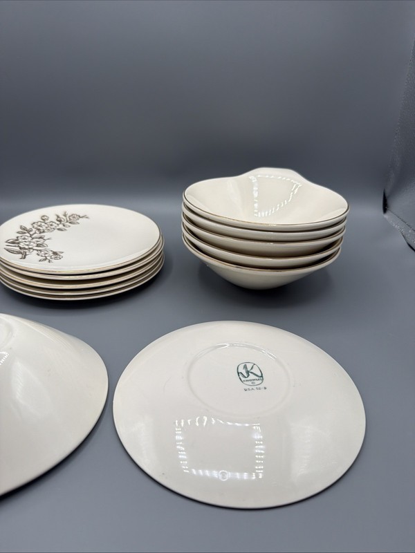 Vtg Set Handled Bowl Plate Set- Knowles USA 52-9 52-7 Gold Rim Floral design gallery
