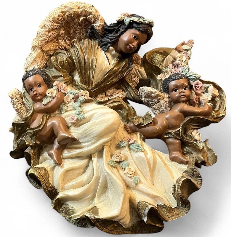 AGED UTI African American Angel & Cherub Wall Plaque 7” Resin Sculpture Signed